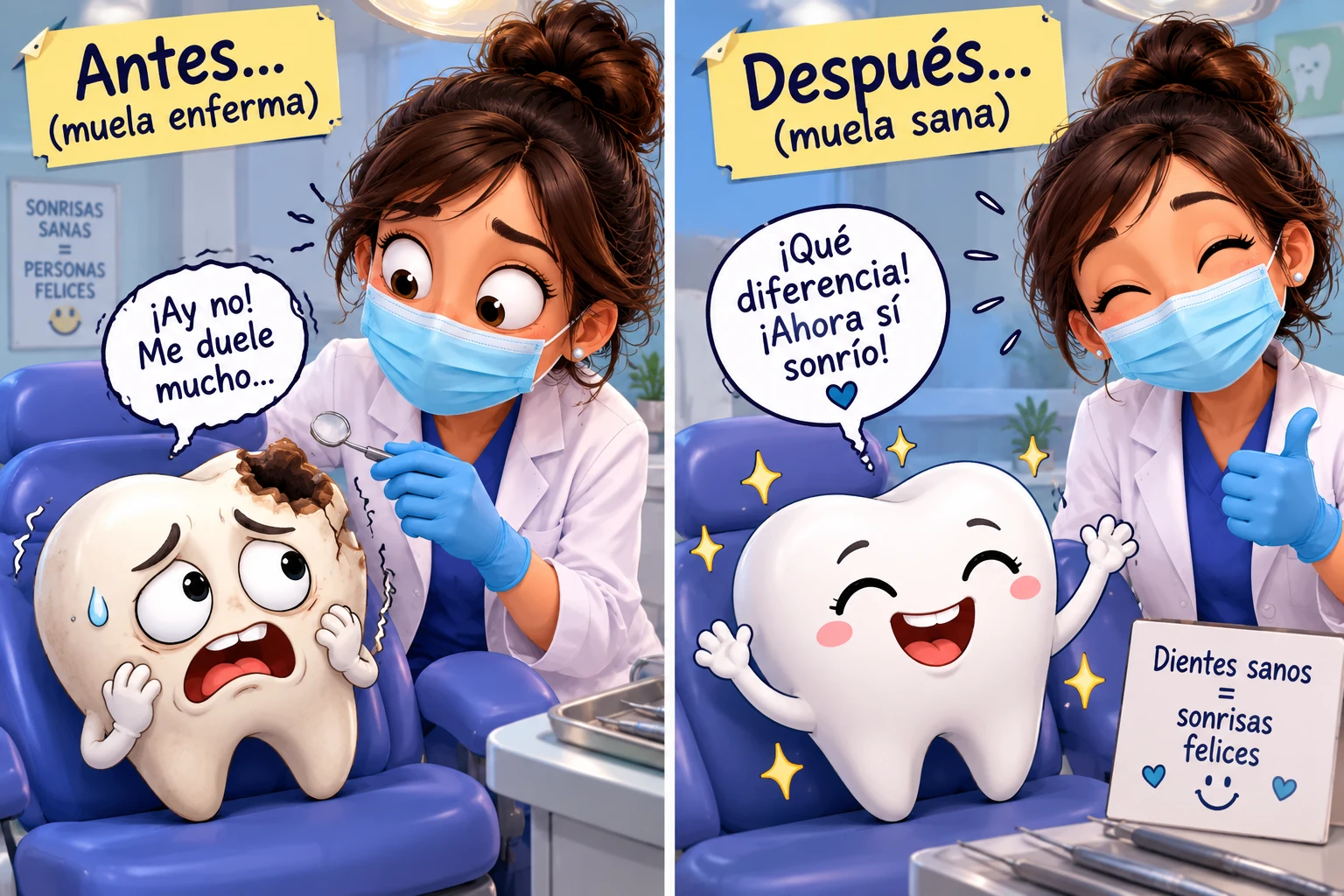 Ilustración antes y después: una muela enferma y la misma muela sana y sonriente