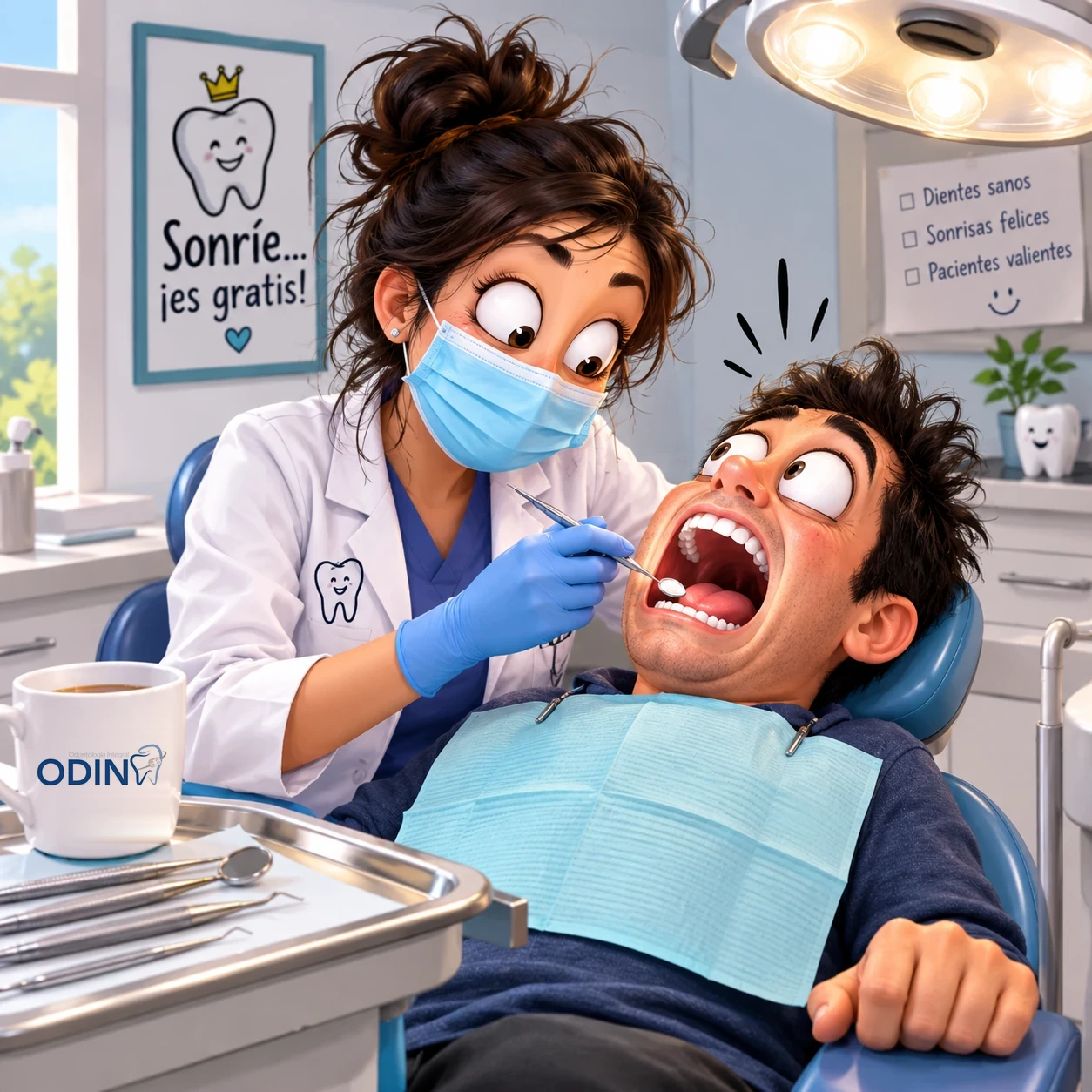 Ilustración de la doctora revisando a un paciente en el consultorio